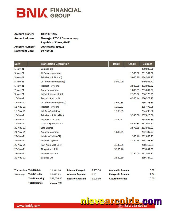 South Korea BNK bank statement easy to fill in Excel and PDF format